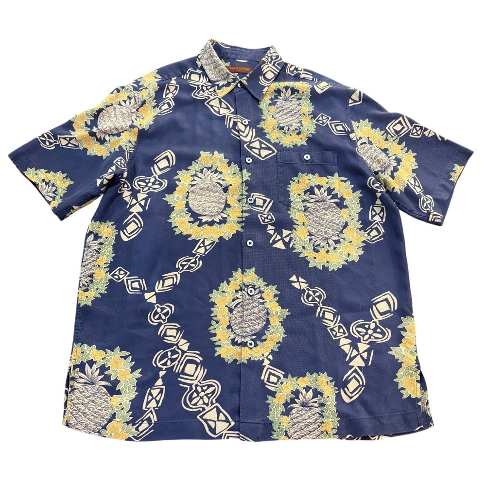 Tori Richard Honolulu Mens Blue Pineapple Floral Lei Hawaiian Aloha Shirt Large